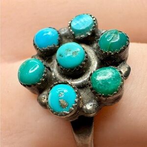 Vintage Floral Ring Sterling Silver with Turquoise and Green Stones
